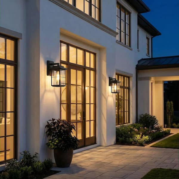 Mill 11 in. Modern Black Outdoor Wall Lantern Sconce Farmhouse 1-Light Porch/Patio Seeded Glass Wall Lamp Exterior Light