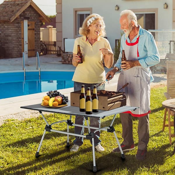 Heavy-Duty Silver Aluminum Camping Table, Folding Outdoor Picnic Table with Carrying Bag