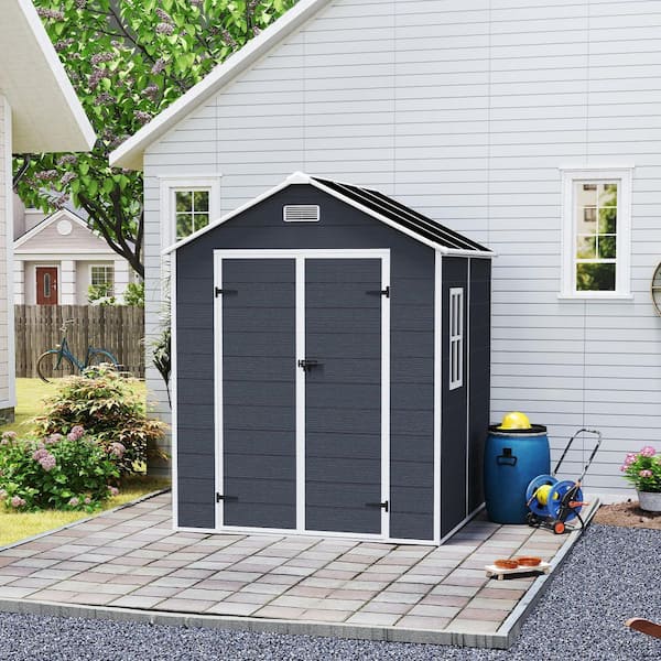6 ft. x 6 ft. Resin Outdoor Storage Shed, 36 sq. ft. Covered Area, with Windows and Lockable Door, Dark Grey