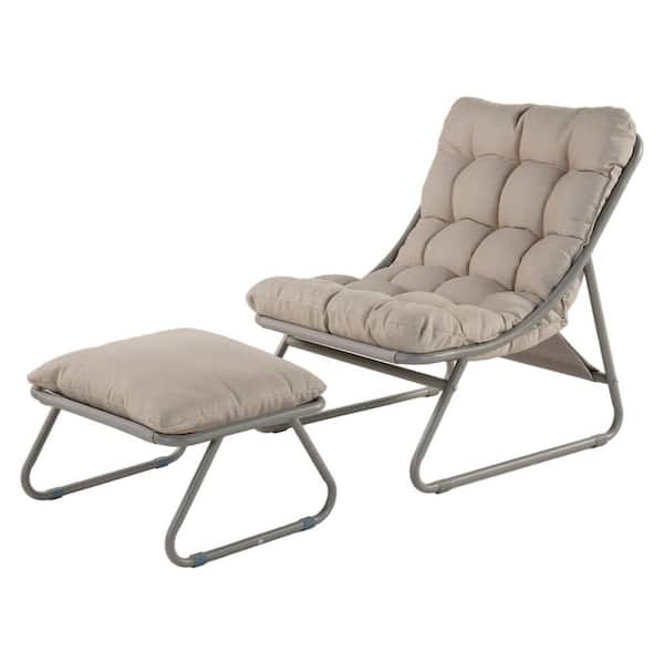 Outdoor Lounge Chair with Foot Stool, Comfy Sling Recliner Chair with Puffy Cushion and Foot Rest, Champagne Gray