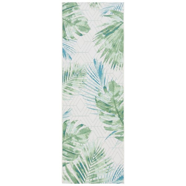 Barbados Green/Teal 3 ft. x 8 ft. Runner Geometric Leaf Indoor/Outdoor Area Rug