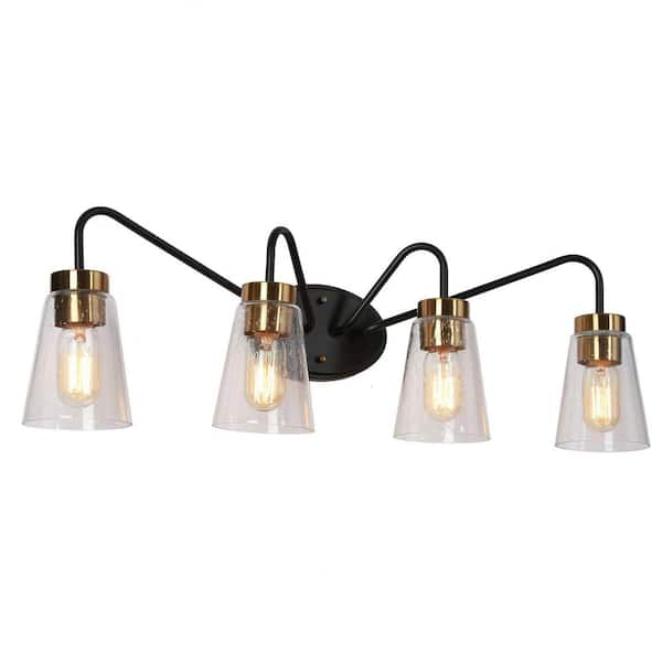 Vintage 28.5 in. 4-Light Black Industrial Bathroom Vanity Light, Brass Gold Bath Lighting with Cone Seeded Glass Shades