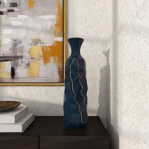 21 in. Blue Faceted Ceramic Decorative Vase with Gold Accents