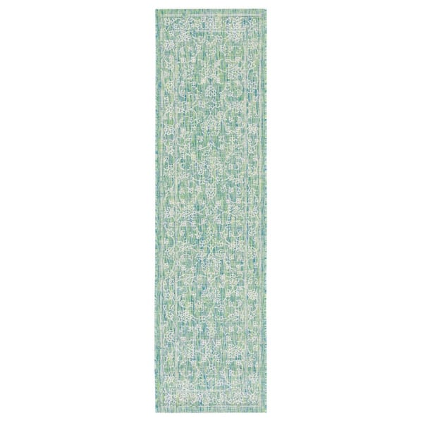 Courtyard Green/Ivory 2 ft. x 7 ft. Border Floral Scroll Indoor/Outdoor Runner Rug