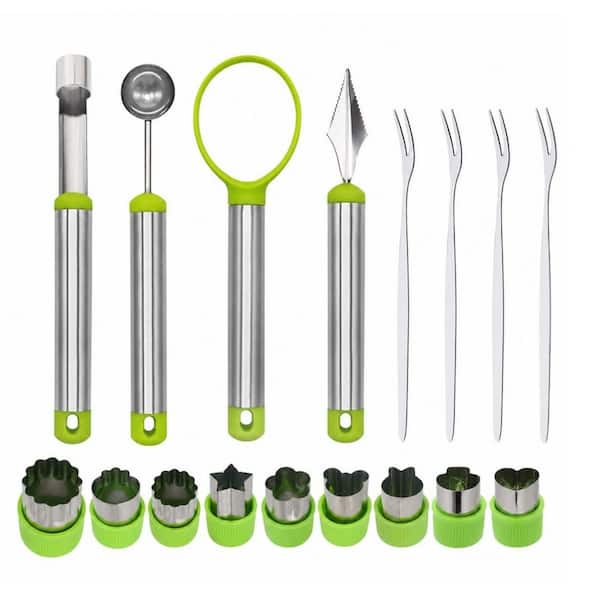 17 Pack 4‑in‑1 Stainless Steel Fruit Tool Kit with Fruit Vegetable Shapes Cutter Peeler for Home Kitchen Party Dessert