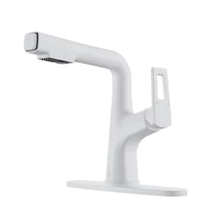 Single Handle Single Hole Bathroom Faucet with Pull-Out Sprayer and Deckplate included in Matte White