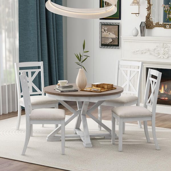 Harper & Bright Designs 5-Piece Brown and Antique White Round Extendable Wood Dining Table Set with 4-Upholstered Chairs