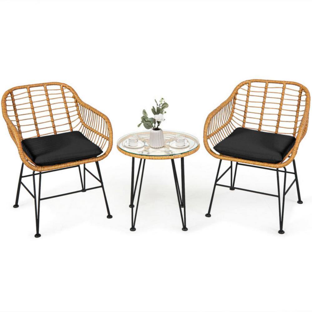 3-Piece Wicker Outdoor Patio Conversation Set Rattan Bistro Set with Black Cushions and Table price history on PriceWatchPro