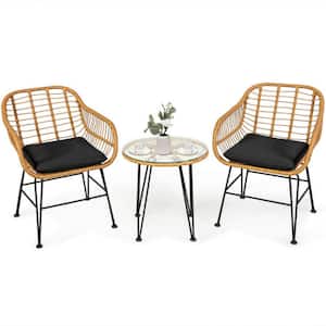 3-Piece Wicker Outdoor Patio Conversation Set Rattan Bistro Set with Black Cushions and Table