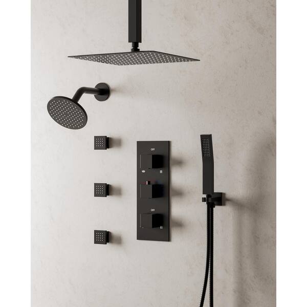 YAWWALK Thermostatic 8-Spray 12 and 6 in. Wall Mount Dual Fixed and Handheld Shower Head 2.5 GPM with 3-Jets in Matte Black