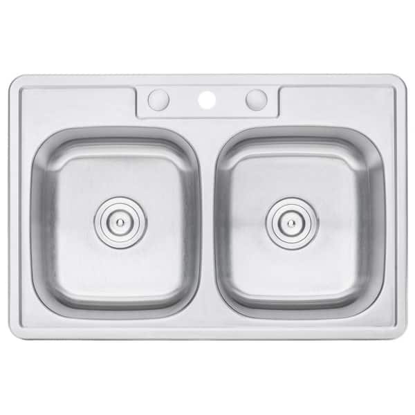 Topmount Drop In Stainless Steel 33 in. x 22 in. x 9 in. Deep 3 Faucet Holes Double Bowl 50/50 Kitchen Sink Combo