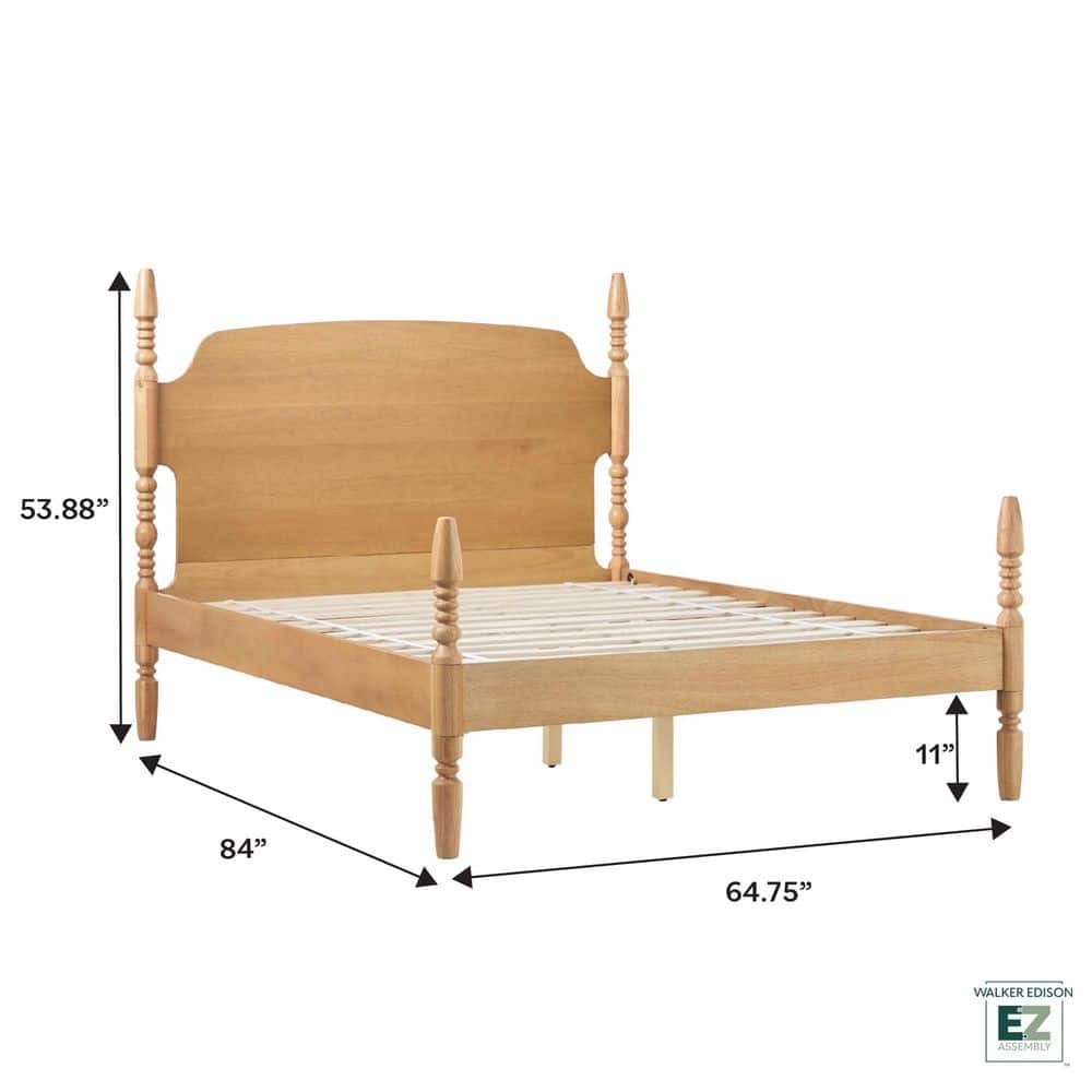 Natural Solid Wood Queen Spindle Bed Frame with Upholstered Headboard
