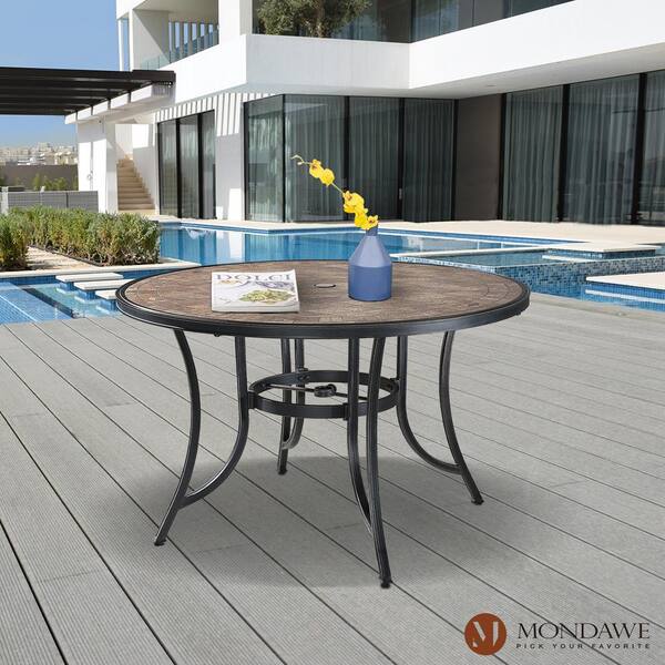 Patio Round Aluminum Outdoor Dining Table Ceramic Tile Top Accent Table with Umbrella Hole