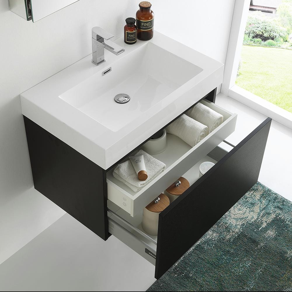 Black Engineered Wood Wall Mount Vanity Set with Acrylic Sink