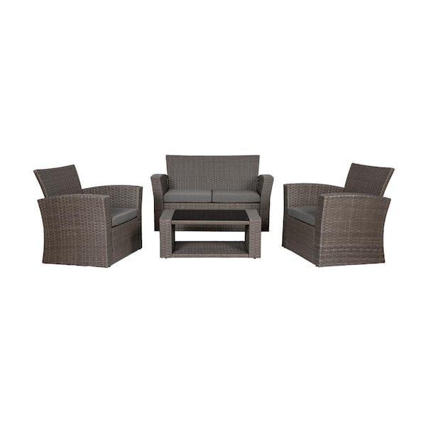 WESTIN OUTDOOR Hudson 4-Piece Gray Wicker Outdoor Patio Loveseat and Armchair Conversation Set with Gray Cushions and Coffee Table