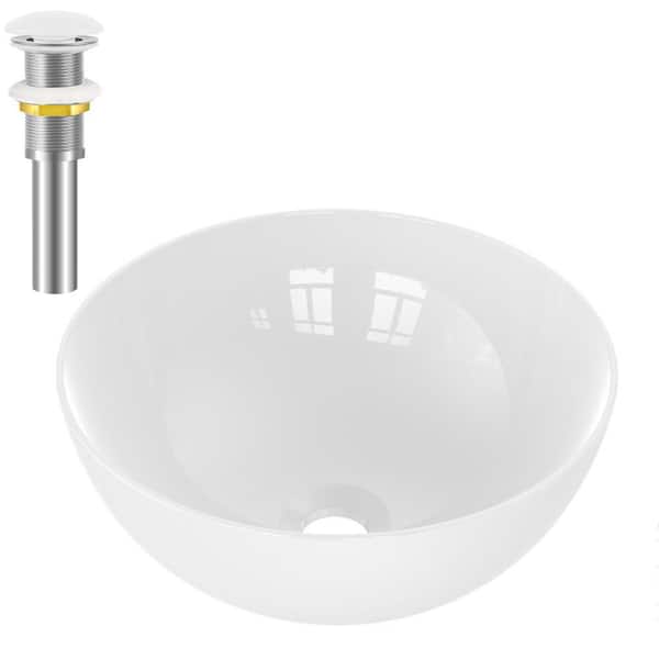 yulika Round Sink 14 in . Bathroom Sink Ceramic Vessel Sink with Pop-Up Drain in White