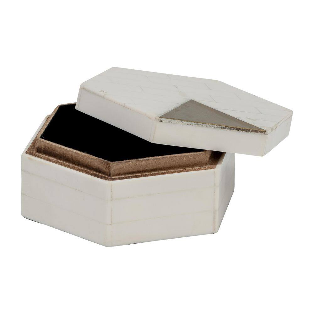 White and Gold Hexagon Resin Decorative Boxes with Brass Inlay, Set of 2