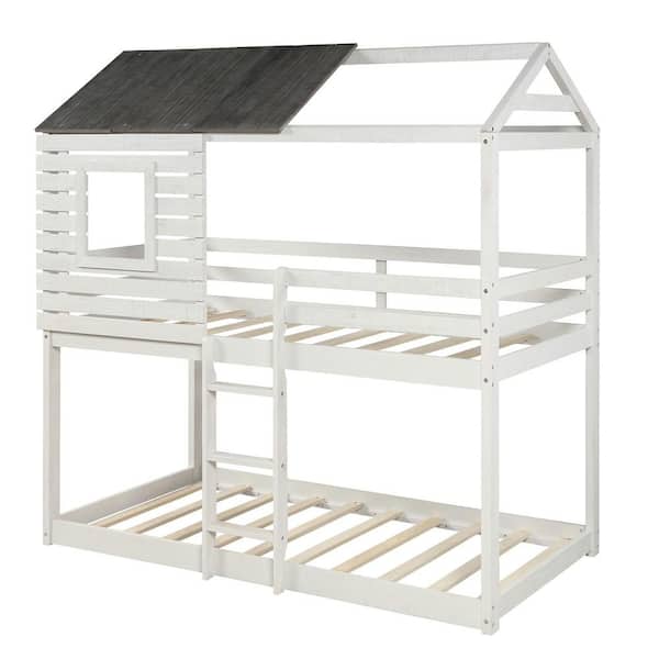 wetiny Twin Over Twin Bunk Bed Wood Loft Bed Bedroom Furniture with Roof, Window, Guardrail, Ladder ( Antique White)