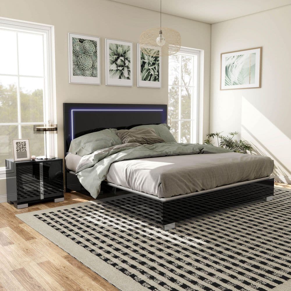 Mesala 2-Piece Contemporary Glossy Black Wood King Panel Bedroom Set with Nightstand price history on PriceWatchPro
