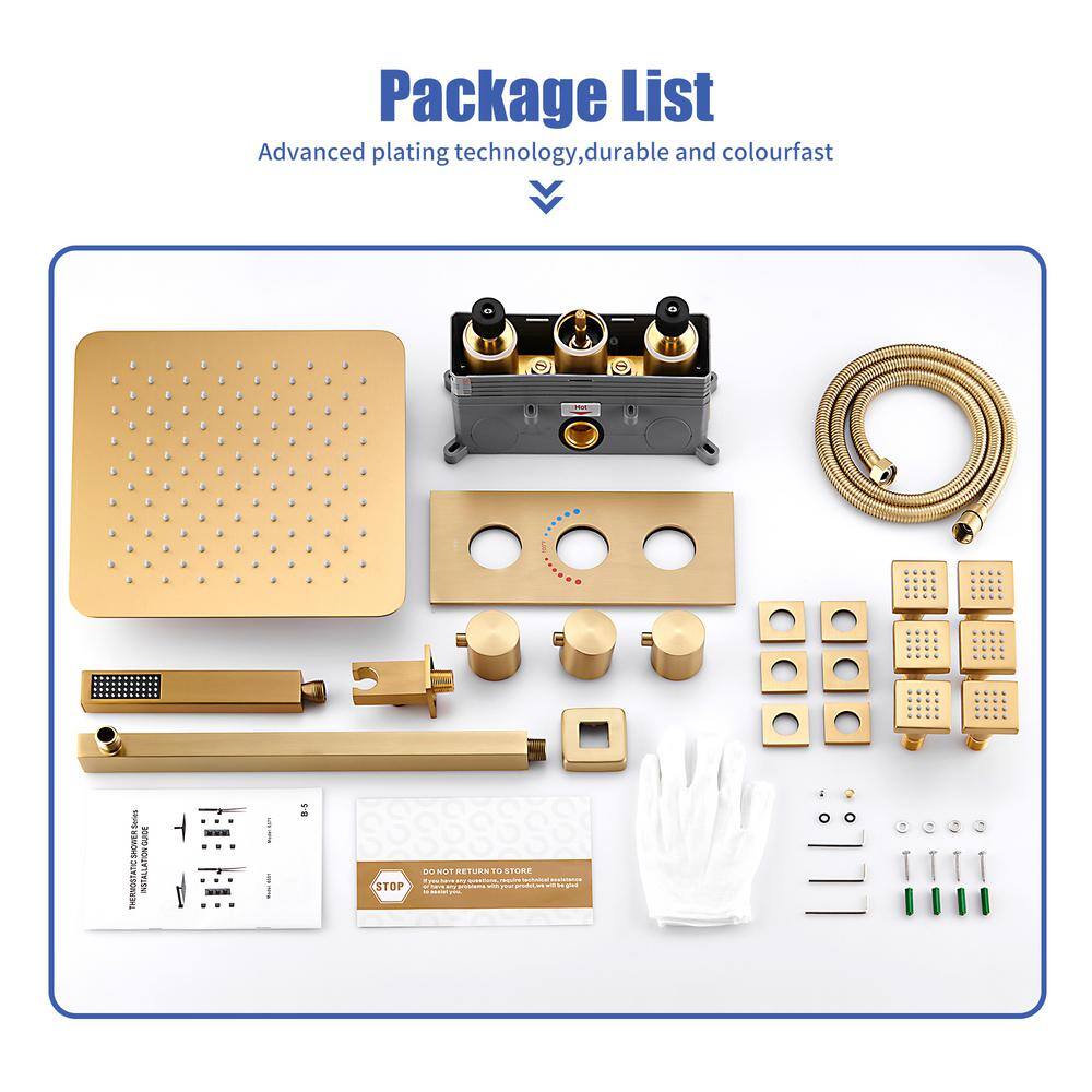 Brushed Gold Dual Square Wall Mounted Shower System with Body Jets