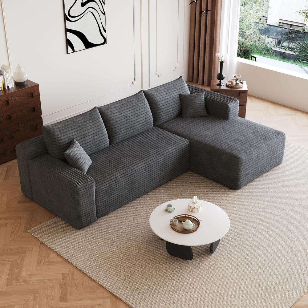Seafuloy 94 in. Corduroy Fabric Sectional Sofa, L-Shaped Upholstered Couch in Dark Gray, Left Facing