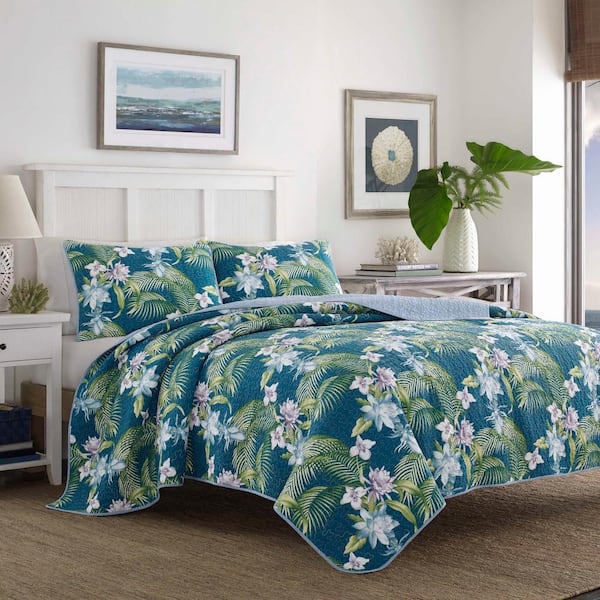 Southern Breeze 3-Piece Indigo Blue Floral Cotton King Quilt Set