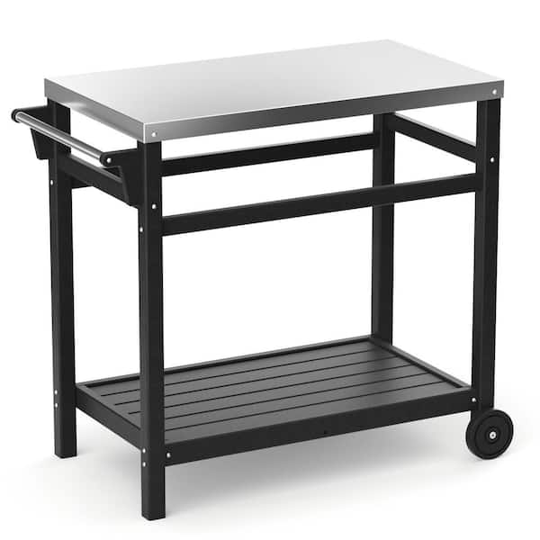 Zeus & Ruta Black HDPE Movable Outdoor Dining Cart Table, Grill Cart Prep Cart with Stainless Steel Tabletop
