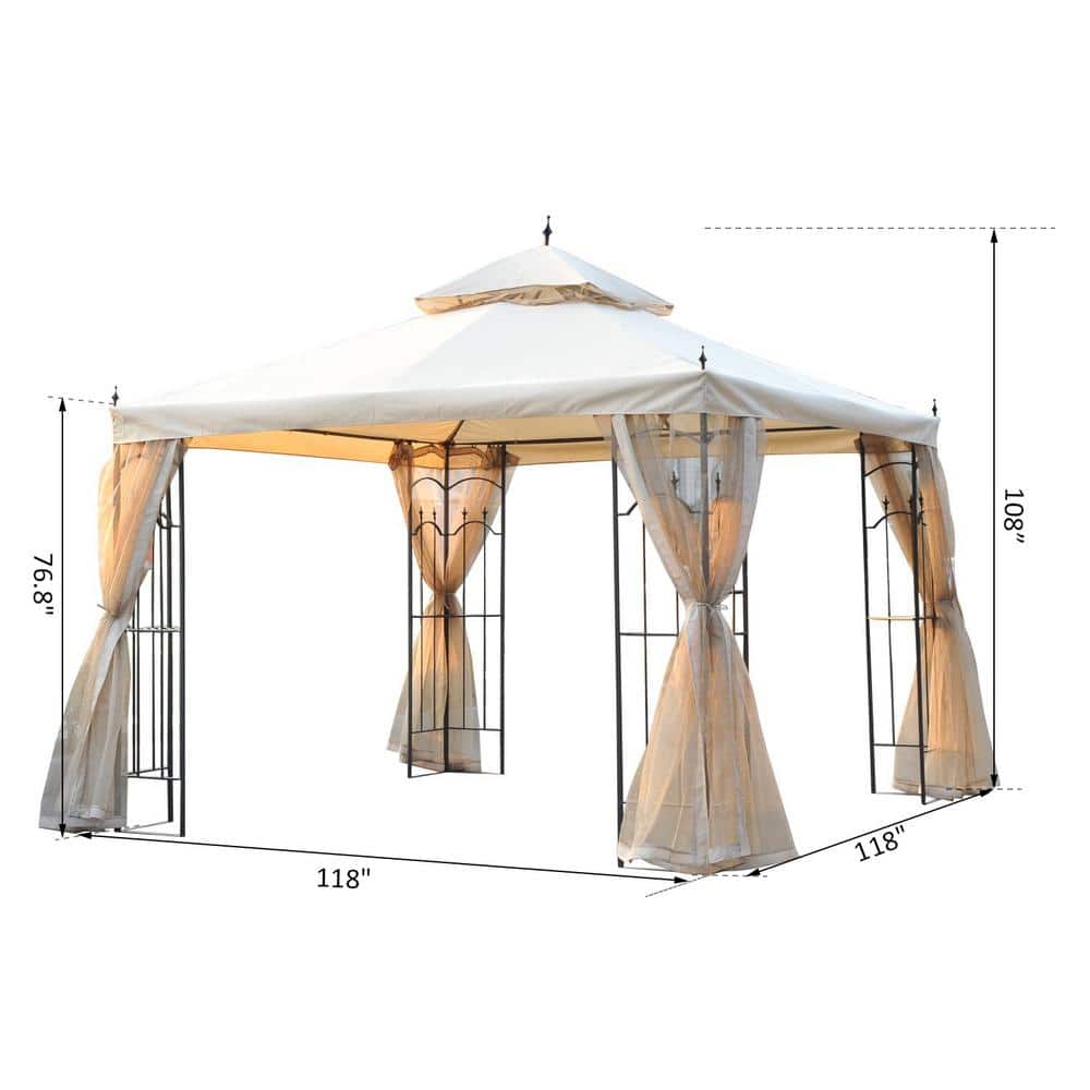Steel Outdoor Garden Gazebo with Mesh Curtains, 10 x 10 ft