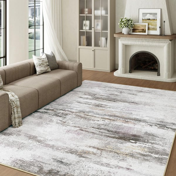 Tornado Gray/Brown 9 ft. x 12 ft. Washable Modern Abstract Area Rug