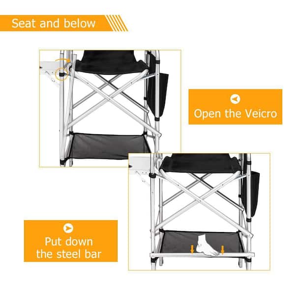 31 in. Tall Aluminum Frame 300 lbs. Folding Directors Chair w/ Side Table Storage Bag, Portable Makeup Artist Bar Height