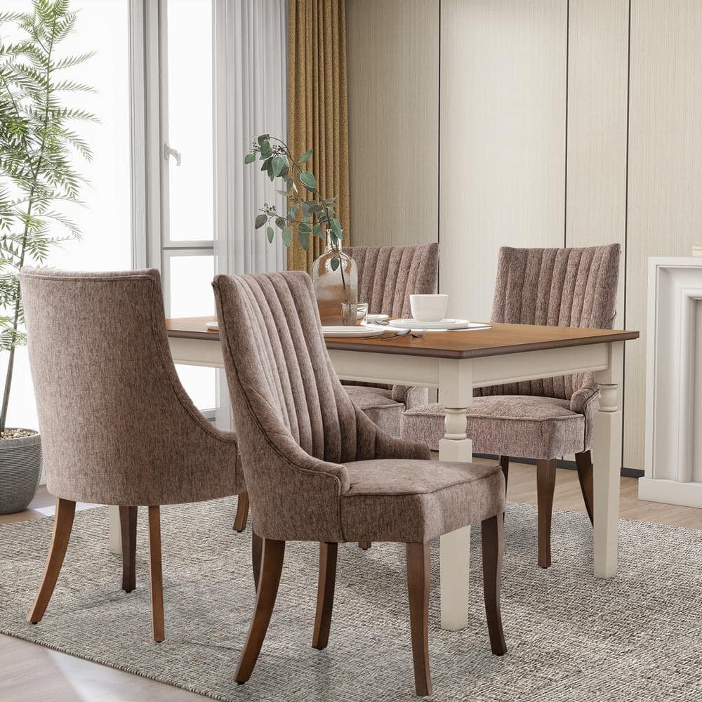 Brown Linen High Back Upholstered Dining Chairs with Wood Legs
