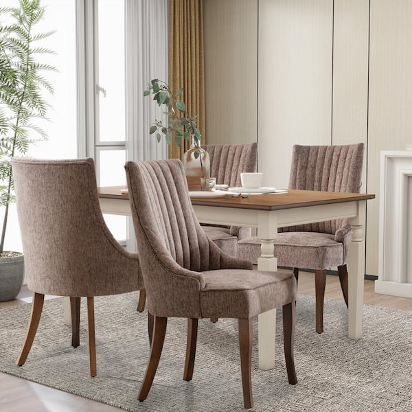 WONDER COMFORT Comfy Brown Linen Channel Tufted Upholstered Dining Chairs Set of 4 with Solid Wood Legs