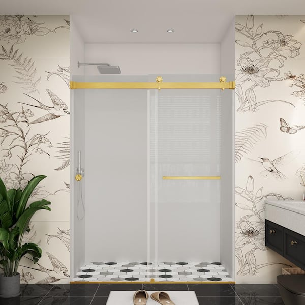 54 in. W x 76 in. H Double Sliding Frameless Bypass Bath Shower Door in Brushed Gold with Easy-Clean 3/8 in. Glass