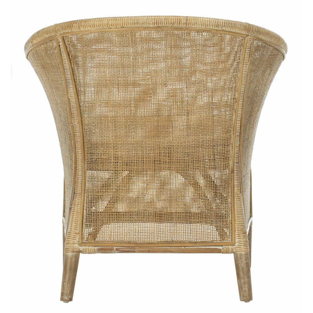 Transitional Whitewashed Rattan Armchair with Off-White Linen Cushion