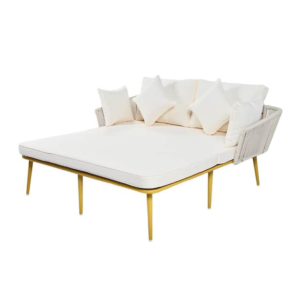 Zeus & Ruta 69.3 in. W Gold Metal Plastic Outdoor Chaise Lounge with Beige Cushions