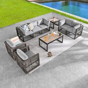 9-Piece Wicker Patio Conversation Deep Seating Set with Gray Cushions