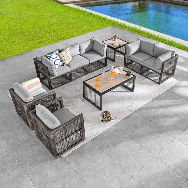 Patio Festival 9-Piece Wicker Patio Conversation Deep Seating Set with Gray Cushions