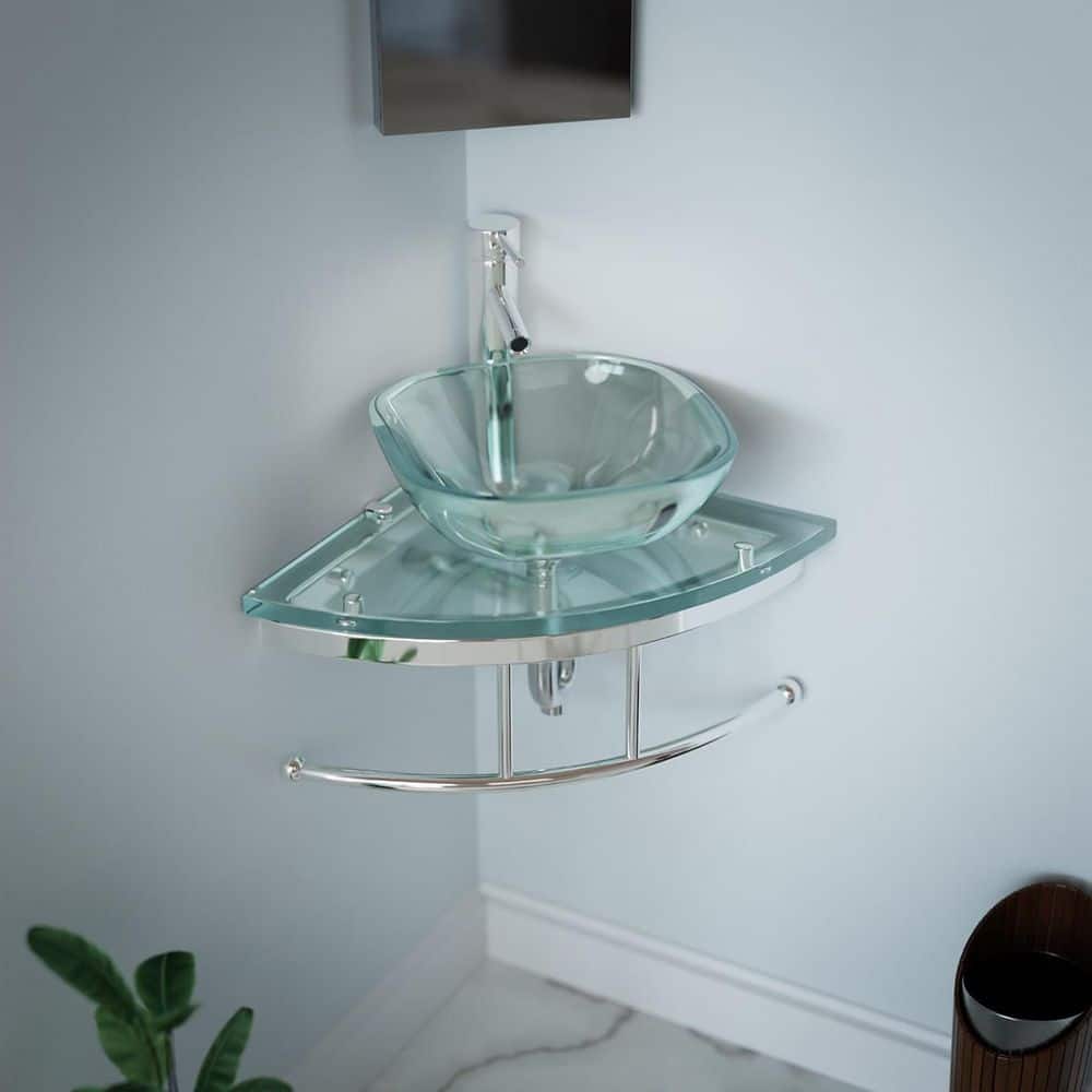 Talula Clear Tempered Glass Corner Bathroom Sink with Chrome Faucet