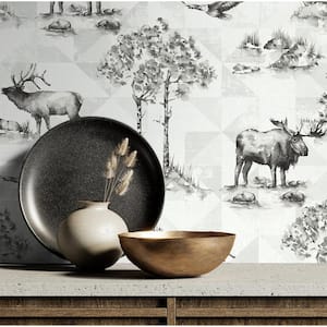 60.75 Sq. Ft. Off-White and Charcoal Alaska Moose Unpasted Wallpaper Roll