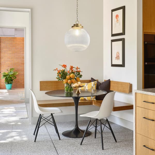 60-Watt 1-Light Brushed Gold Mid-Century Modern Globe Pendant Light with Striped Glass Shade, No Bulbs Included