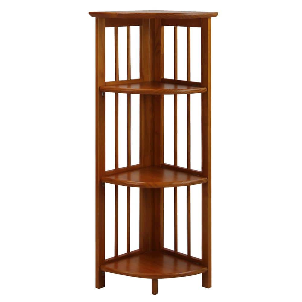 38.75 in. H Honey Oak New Finish Solid Wood 4-Shelf Corner Etagere Bookcase