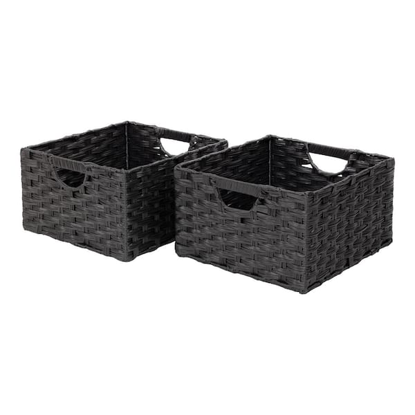 Seville Classics 13.25 in. D x 13.25 in. W x 8 in. H Black Plastic Handwoven Wicker Foldable Cube Storage 2-Pack Closet System Basket