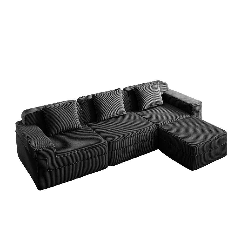 88 in. Boneless 3-piece Corduroy L-Shape Sectional Sofa with Pillows & Ottoman in Black durable construction