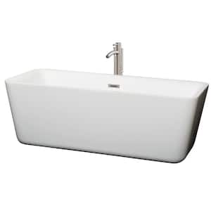Emily 68.88 in. Acrylic Flatbottom Center Drain Soaking Tub in White with Floor Mounted Faucet in Brushed Nickel