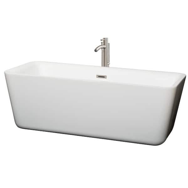 Wyndham Collection Emily 68.88 in. Acrylic Flatbottom Center Drain Soaking Tub in White with Floor Mounted Faucet in Brushed Nickel