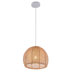 1-Light Retro Farmhouse Style Light Brown Cage Pendant Light with Handmade Hemp Rope Shade