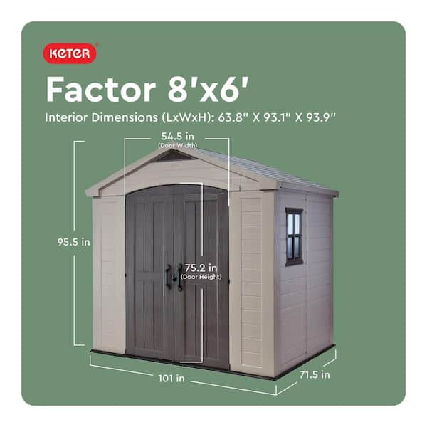 Factor 8 ft. W x 6 ft. D Large Outdoor Durable Resin Plastic Storage Shed with Double Doors, Taupe Brown (47.5 Sq. Ft.)