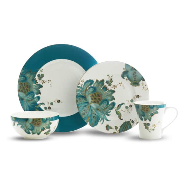 222 Fifth Eliza 16-Piece Casual Teal Porcelain Dinnerware Set (Service for 4)