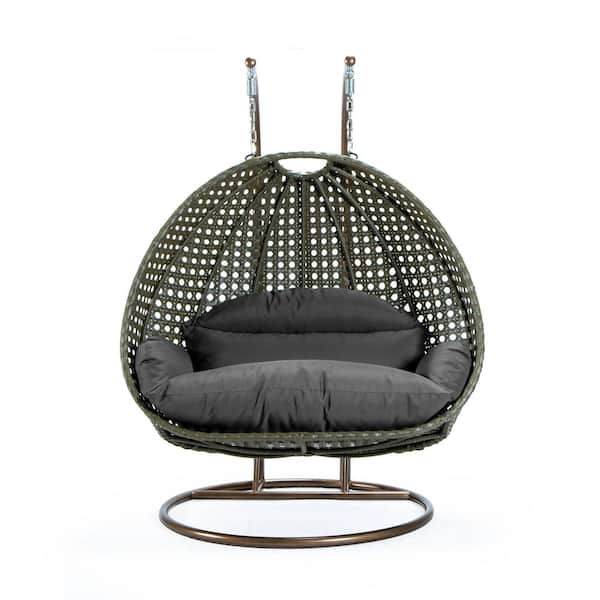 Leisuremod 2-Person Egg Swing Chair Beige Wicker Outdoor Patio Hanging Chair with Dark Grey Cushions