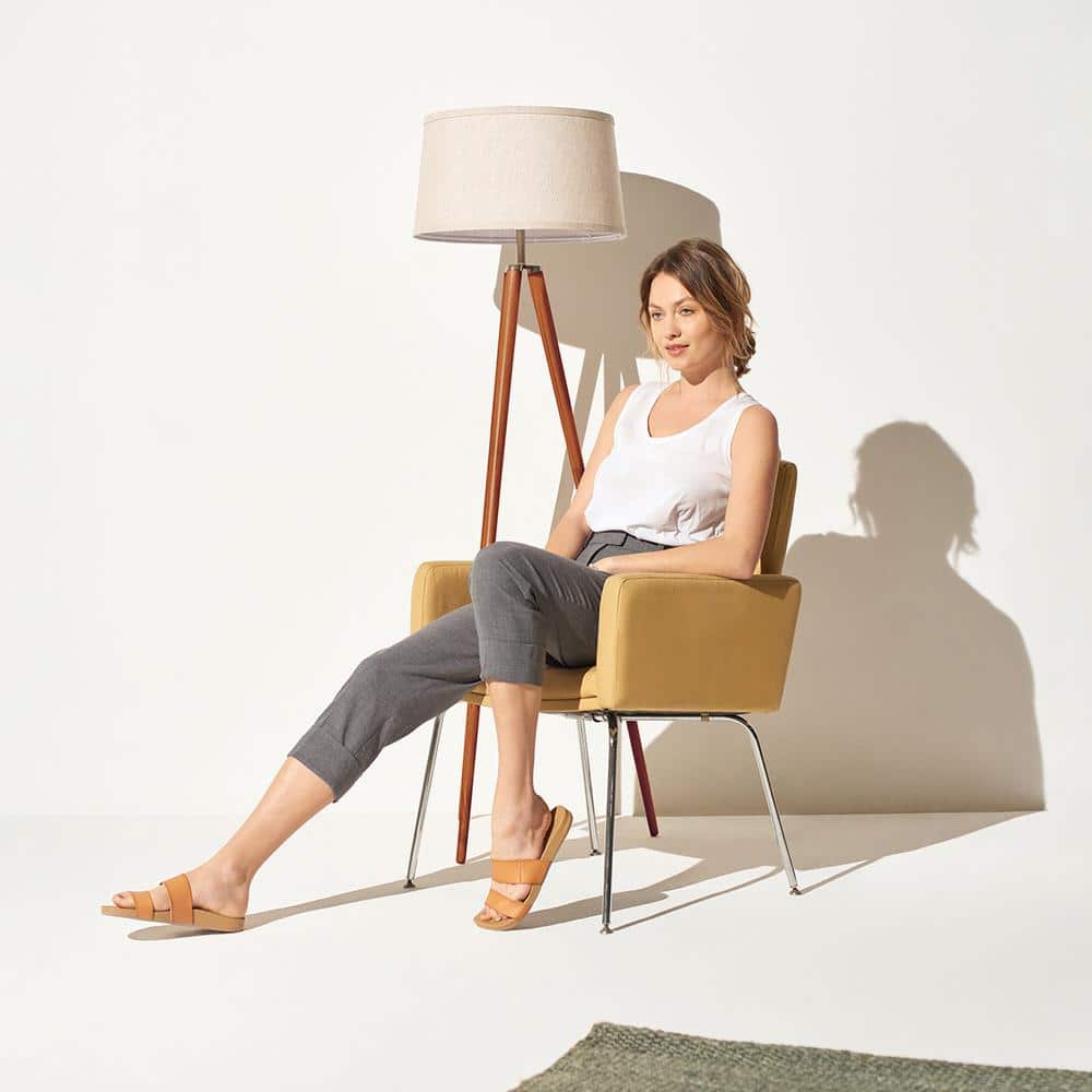 Walnut Brown Tripod Floor Lamp with White Fabric Shade